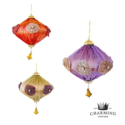 3 Vintage Vietnamese Oriental Fabric Lantern Colorful Beaded Ornaments • $59.26