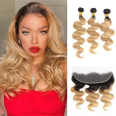 1B/27 Blonde Human Hair Body Wave Bundles With Closure 13x4 Lace Frontal Hair • £174.13