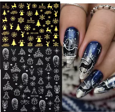 Gold Silver Christmas Nail Decals Winter 3D Self Adhesive Nail Art Supplies NH22 • $2.95