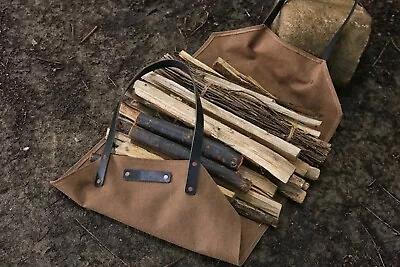 Large Leather Canvas Wood Firewood Carrying Bag Waxed Tote Canvas Log Carrier • $32.99