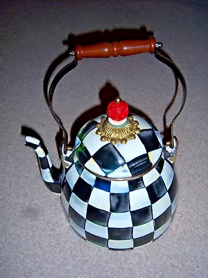 MacKenzie-Childs 2 QUART ENAMEL TEA KETTLE “COURTLY CHECK” W/RED FINIAL • $92.50