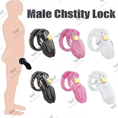 Male Chastity Hollow Penis Cage Cock Device Padlock 4 Rings Plastic Constraint • £9.99
