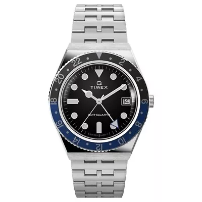 Q Timex GMT Swiss Movement Stainless Steel Black Blue Watch TW2V38100 RRP $399 • £187