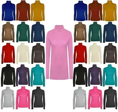 Womens Polo Neck Top Stretch Ladies Long Sleeve Turtle Neck Tops Jumper Uk 8-26 • £7.99