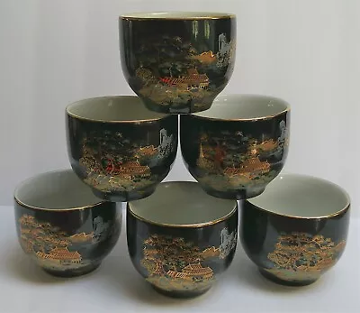 Vintage Hand Painted Japanese Teacup Set Black With Gold Trim And Scenery • $35