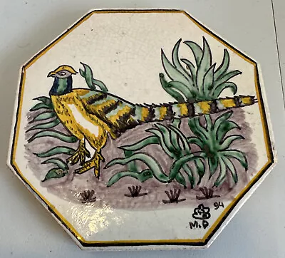 Ceramic Tile Trivet Pheasant Grass Bird Octagonal Cork Signed M D 1994  5.5  • $18