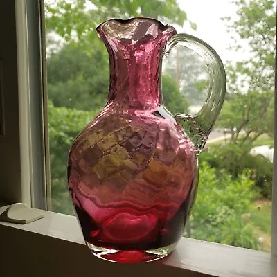 Pilgrim Cranberry Glass Pitcher Creamer Swirl Ruffled Edge Applied Handle 4.5  • $17.95