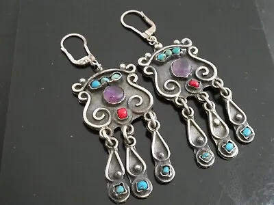 Vintage Matilde Poulat Style Sterling Silver 925 Amethyst Turquoise Drop Dangle  • $120