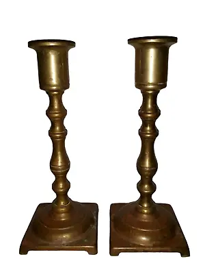 2 Vintage Shabby Rustic Brass Color Metal Table Desk Candlesticks 7 1/4  Tall  • $25