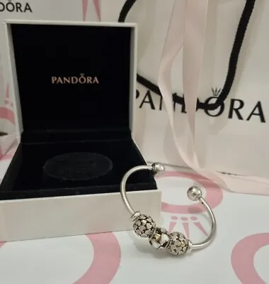 £70 • Buy GENUINE PANDORA Open Bangle Bracelet & Charms-Sterling Silver Gold Enamel Hearts