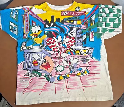 VTG 90s Warner Bros Looney Tunes Tiny Toons 1994 All Over Print Shirt Sz Large • $99.99