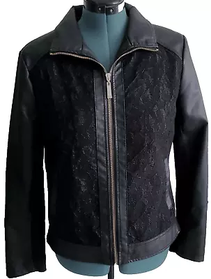 ELLEN TRACY Women's Black Faux Leather Lace Front Moto Jacket Size Large • $34.99