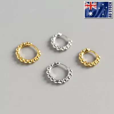 $16.99 • Buy Genuine 925 Sterling Silver Solid Beads Hoop Ring Huggie Earrings Ear Piercing