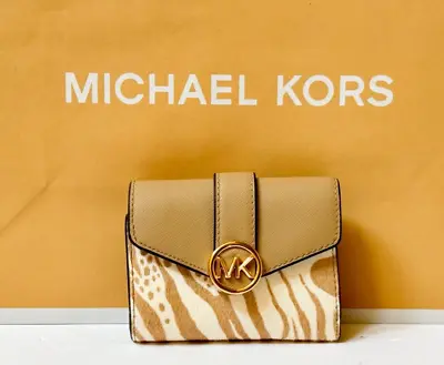 Michael Kors Carmen Flap Bifold Wallet Camel Exotic Print • $58