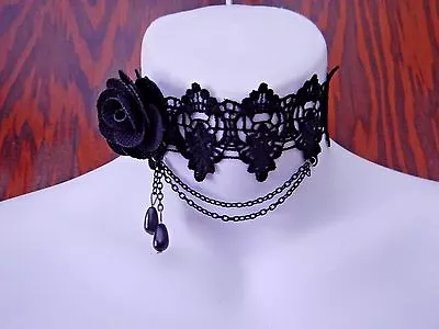  BLACK ROSE BURLESQUE CHOKER Gothic Steampunk Victorian Lace Necklace Crochet J6 • $10.99