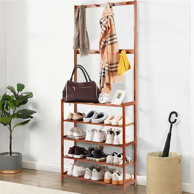 5 Tier Bamboo Coat Rack Shoe Storage Hooks Shelf For Mudroom Hallway And Bedroom • $42.94