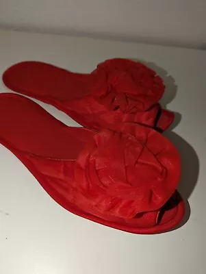 Vintage 1950s House Slippers Red Peep Toe Size Medium 8  9 Nylon Pinup 50s Roses • $21.95