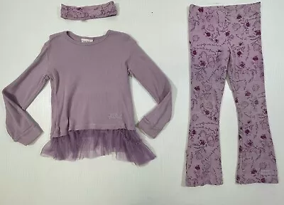 Naartjie Girls Purple Long Sleeve Tulle Top Ruffle Pant Headband 3Pc Set Size 6 • $16.99