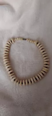 70'S Vintage Hawaiian Thick Puka Shell W/ Black Wood Bead Necklace 16-3/4  Long  • $35