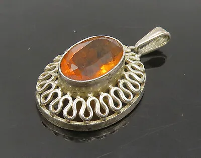 925 Sterling Silver - Vintage Faceted Citrine Swirl Border Pendant - PT18913 • $29.93