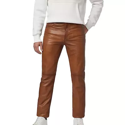 Men's Genuine Leather Pant Jeans Style 5 Pockets Motorbike Tan Brown Party Pant • $45