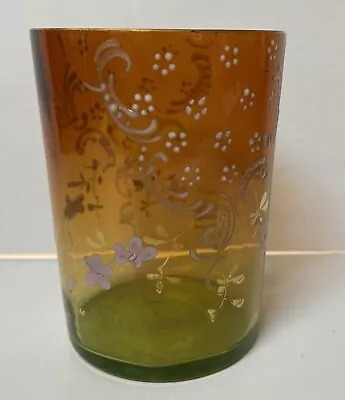 Moser~tumbler~enameled~flowers~handpainted~gold~amberina • $85