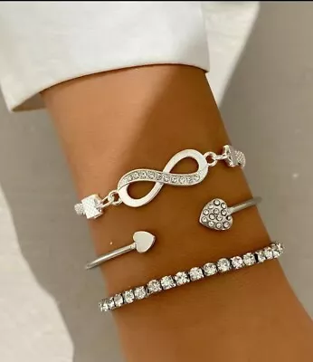 Heart Infinity Rhinestone 3pc Bracelet Set Boho Silver Alloy Ladies Gift UK • £3.49