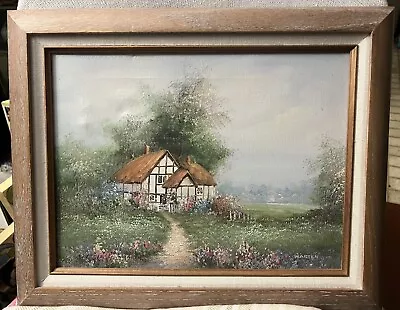 Beautiful Vintage Oil Painting Thatched Roof Cottage Countryside Signed Marten • $45
