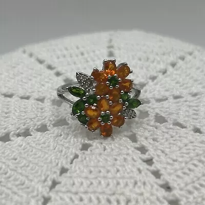 Mexican Fire Opal Chrome Diopside & Diamond Floral Ring 925 Silver Ring STS • $38.25