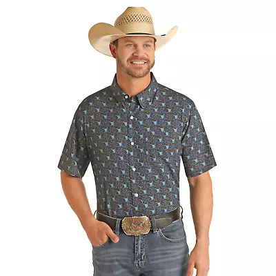 Panhandle® Men's Longhorn Western Blue Button Shirt PPMS1DRZ6V-45 • $45.97