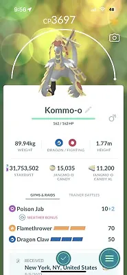 Pokemon Trade Go  - Kommo-o - Lvl 50 Raid PvP Fast Jangmo-o • $16.99