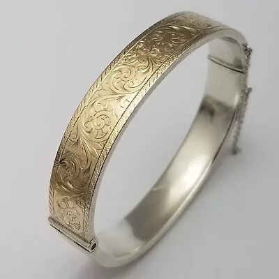 Vintage 9ct Gold Front On Sterling Silver Hinged Bangle Etched - 23.4g • £52.99