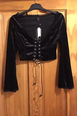 Romwe Gothic Black Velvet Lace Up Crop Top With Long Flared Sleeves Size XS • £10