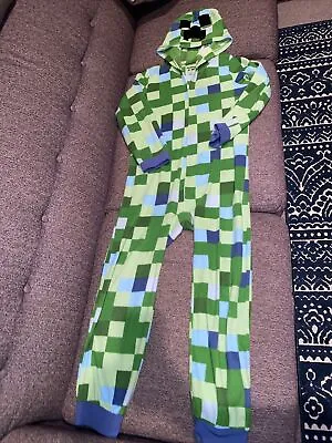 Minecraft Boys Creeper Union Suit Large Pajamas Green Zip Up Hooded Long Sleeve • $12.99