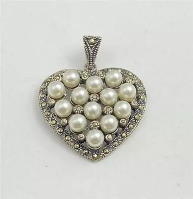 Vintage 1990's Large Sterling Silver Marcasite & Pearl Heart Pendant • $38