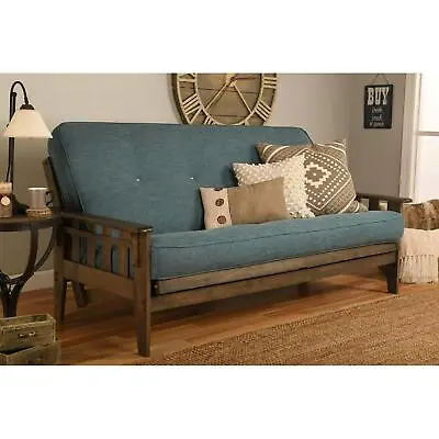 Full-size Rustic Walnut Futon Set With Linen Aqua Blue Mattress • $649.77