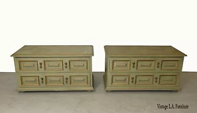 Pair Vintage Mid Century Modern Drexel Green & Gold Low Profile Nightstands • $1050