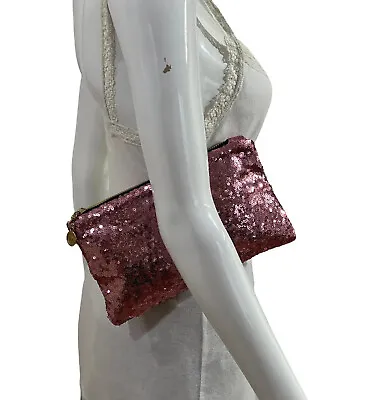 Woman’s Pink Bag Sequin Clutch Pink Makeup Bag Glitter Clutch Rose Sparkly NWT • £14.46