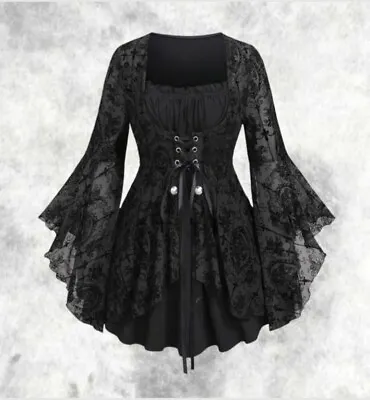 New Black Gothic Corset Baroque Cameo Flared Sleeve Blouse Top Size 3XL 22 24 26 • $43.50