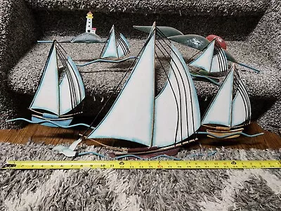 Painted Metal Sailboats Sculpture Plaque Wall Art Nautical Decor 29  X 17  • £71.24