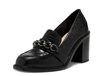 Vince Camuto Cedeen Black Leather Slip-On Apron Toe Pump Retro Heeled Loafer • $29.95