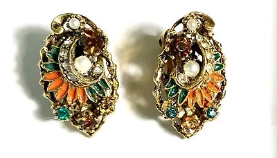 Vintage Clip-on Earrings Brass Tone Glass Beads Pearls Enameled Petals • $6