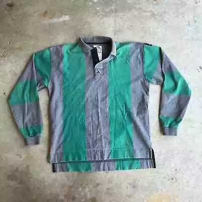 Vintage 1990s Adidas Equipment Green Gray Striped Collared Sweatshirt Streetwear • $34.99
