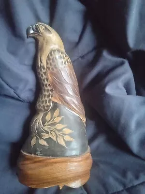 9  Large VINTAGE Horn Hand Carved Eagle W/ Glass Eyes & Wooden Base • $7.99