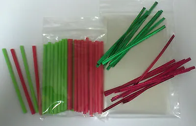 50 X 89mm 3.5  RED & GREEN CHRISTMAS CAKE POP LOLLIPOP KIT WITH BAGS & TWIST TIE • £3.90