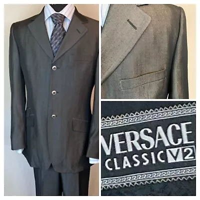 Versace Classic V2 Mens Suit 38R/32x32 Dark Gray Sharkskin 3 Button Jacket Pants • $132.97