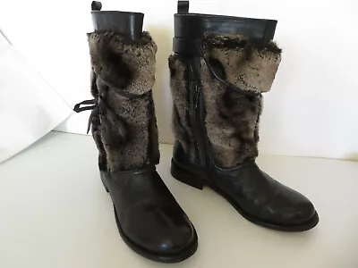 B MAKOWSKY  Taryn  Black Leather & Faux Fur Winter Mid Calf Boots Size 7.5 M • $36.95