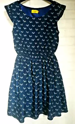 Max C London Dress Navy Bird Print Frill Sleeve Lined Elasticated Waist Size 8 • £13.99