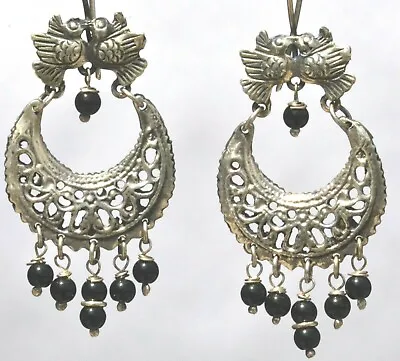 Taxco Mexican 925 Silver Kissing Birds Onyx Dangle Earrings Frida Kahlo Style • $65.44