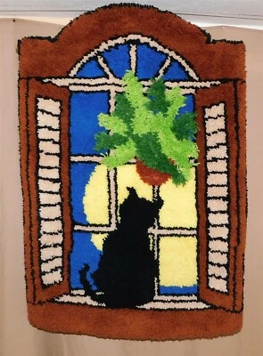 Large Vintage Latch Hook Rug Wall Hanging Cat In Window Moonlight 27 X 38 • $42.95